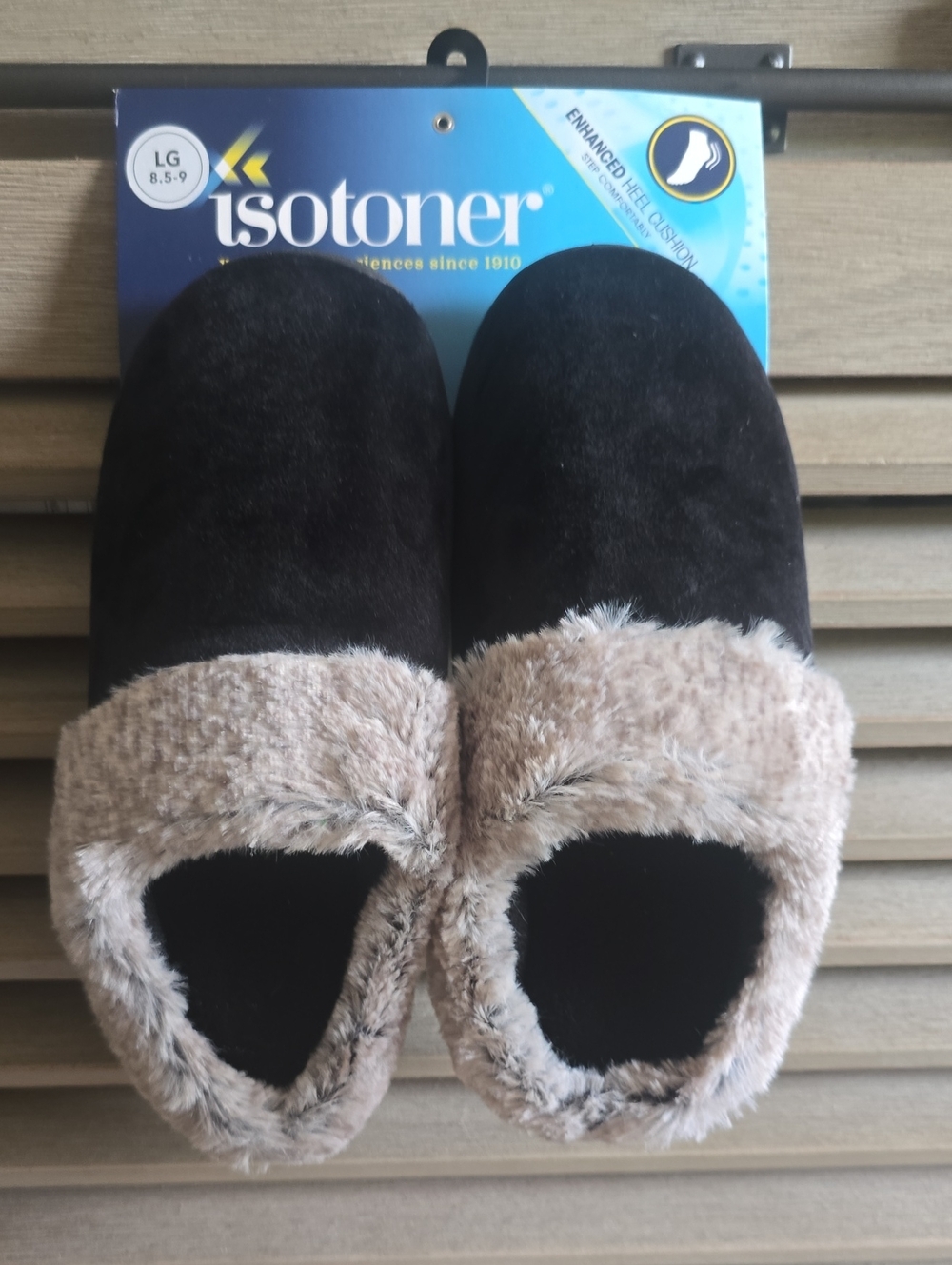 isotoner Black Slippers with Beige Faux-Fur Cuff